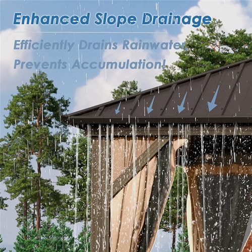 LOPOO Hardtop Gazebo Premium Aluminum Frame with Double Roof Canopy and Curtains Brown