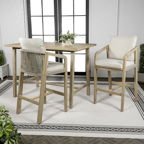 JONATHAN Y Porto Modern Coastal 3-Piece Acacia Wood Outdoor Bar Set with Cushions Beige/Light Teak