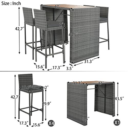 EPOFIT 5-Piece Wicker Outdoor Bar Set with 4 Cushioned Stools & Acacia Wood Table Grey