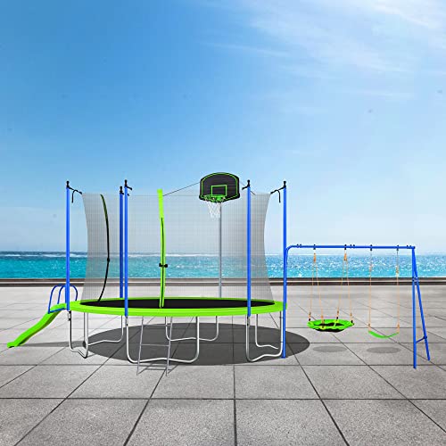Steelway 14ft Trampoline Combo with Swing, Slide, Safety Net & Basketball Hoop 14FT Green