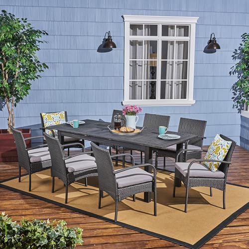 Christopher Knight Home Elmar Outdoor 9 Piece Wood and Wicker Dining Set Sandblasted Dark Gray + Gray