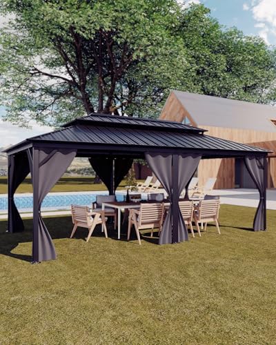 GarveeLife Hardtop Gazebo 12'x20' Aluminum Frame with Net & Curtain Gray