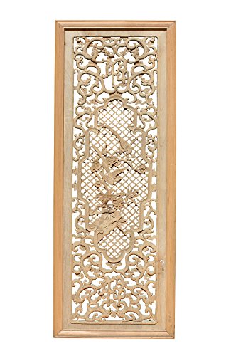 Orientliving Chinese Rectangular Wood Flower Bird Carving Wall Panel Plaque Brown