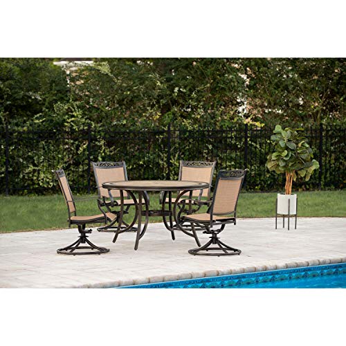 Hanover Fontana 5-Piece Outdoor Dining Set with 4 Sling Swivel Rocker Chairs and 51" Round Tile-Top Table Tan