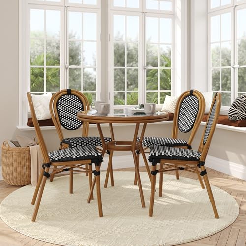 Flash Furniture Lourdes Indoor/Outdoor Bistro Set - Tempered Glass Table & 4 Chairs - Black & White Rattan/Natural Frame
