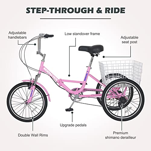 Barbella Adult Folding Tricycles 7 Speed 20/24/26 Inch 3 Wheel Cruiser Bike Light Pink