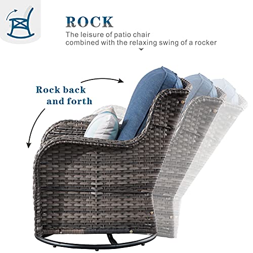 Generic 6 Piece Outdoor Patio Furniture Set Wicker Conversation Bistro Set with Swivel Rocking Chairs and Side Table Denim Blue