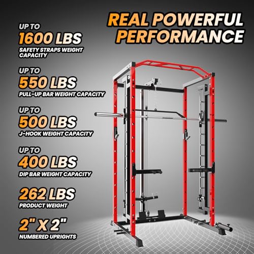 GarveeLife Power Cage SmithBar Rack 1600 LBS with LAT Pulldown & Cable System Red