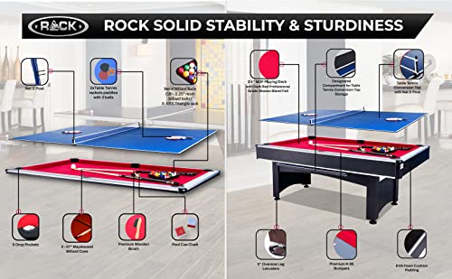 RACK Scorpius 7-Foot Multi Game Billiard/Pool Table Tennis Red Felt Black Body