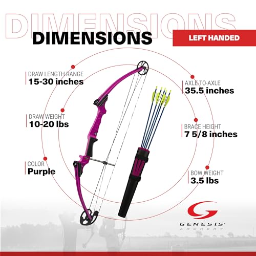 GENESIS Archery Compound Bow Kit Adjustable Draw Length 15" to 30" & Weight 10-20 lbs Left-Handed Purple