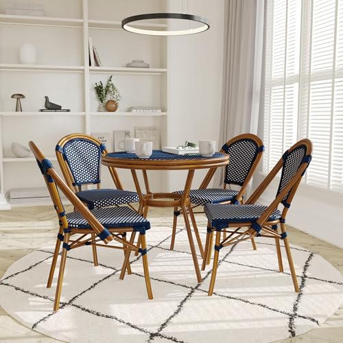 EMMA + OLIVER Soie Bistro Set Navy & White Rattan with Natural Frame