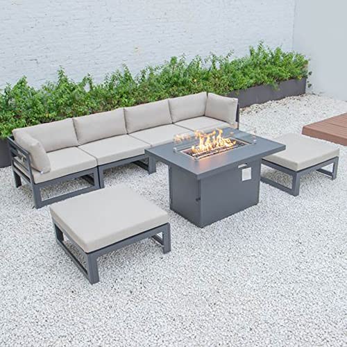 LeisureMod Chelsea Outdoor Patio 7-Piece Conversation Set with Fire Pit Table Beige