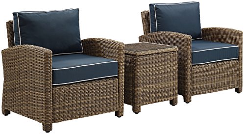Crosley Furniture Bradenton 3-Piece Outdoor Chair and Side Table Set Brown with Navy Cushions