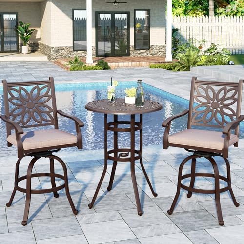 Sophia & William 3-Piece Cast Aluminum Patio Bar Set with Round Table and 2 Swivel Chairs