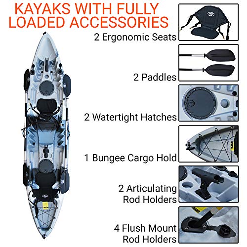 BKC TK219 Tandem Sit-On-Top Fishing Kayak with Padded Seats and Paddles Grey Camo