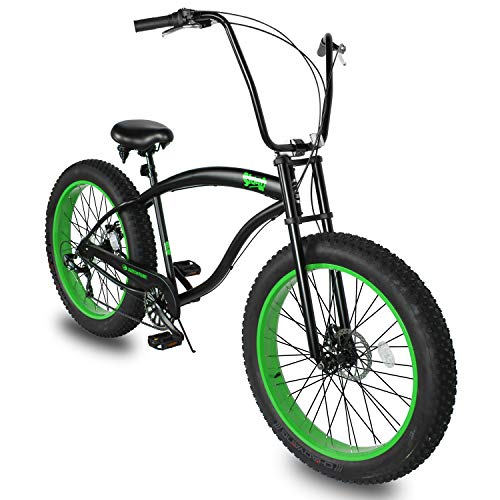 MICARGI 26” Beach Cruiser Bicycles Fat Tire Bikes 18.5-Inch Medium High-Tensile Steel Frame, Variable 7 Speed Green BK/NGRN