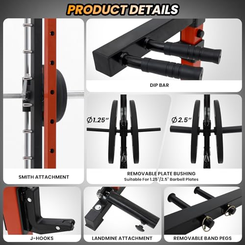 GarveeLife Power Cage SmithBar Rack 1600 LBS with LAT Pulldown & Cable System Red