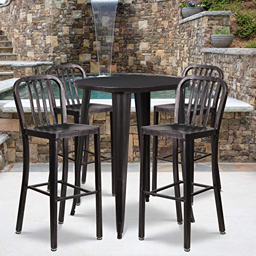 Flash Furniture Commercial Grade 30" Round Black-Antique Gold Metal Indoor-Outdoor Bar Table Set with 4 Stools