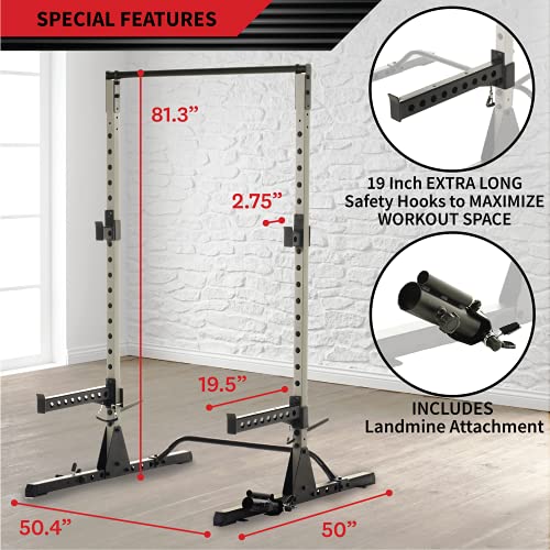 Fitness Reality Squat Rack Power Cage with J-Hooks, Landmine 360° Swivel, Weight Plate Storage Attachment and Power Band Pegs Gray