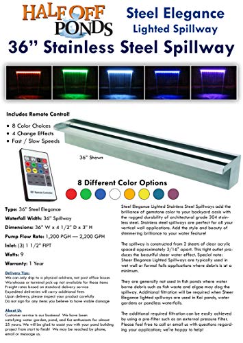 HALF OFF PONDS Elegant Spillway Kit - 36" Lighted Color-Changing Stainless Steel Spillway with 65-Gallon Basin Stainless Steel