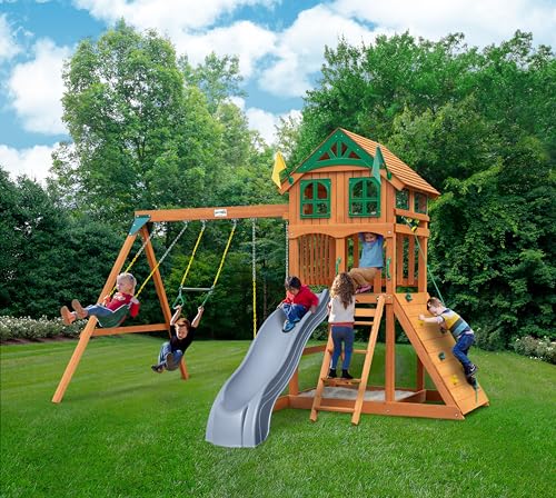Gorilla Playsets Wood Swing Set with Roof, Climbing Wall, Swings, Grey Slide Amber