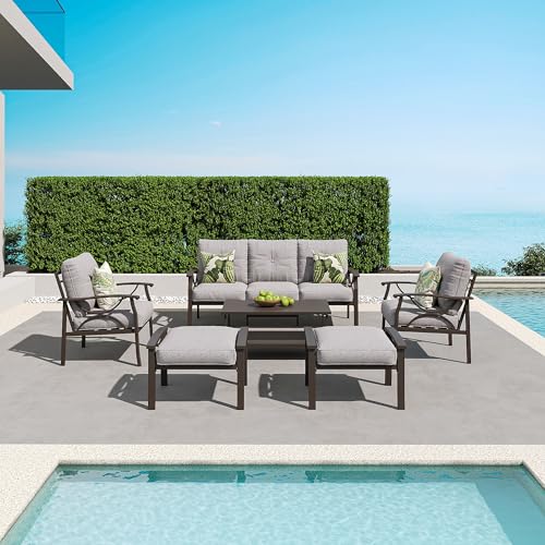 RoyalCraft 6 Piece Outdoor Patio Furniture Set with Coffee Table and Ottomans Grey