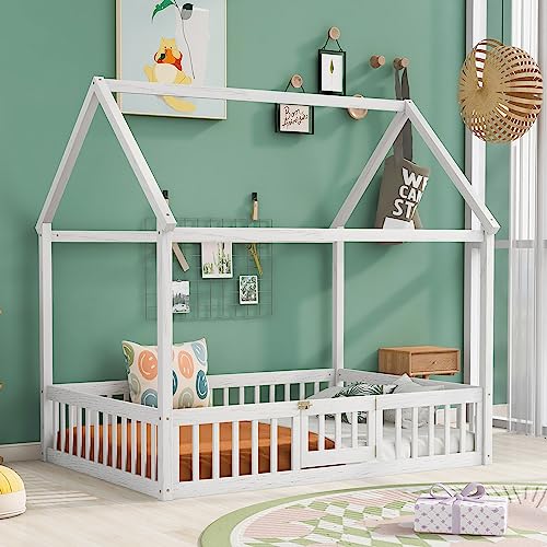 Goohome Full Size Montessori House Bed E-White B