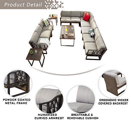 Festival Depot 13Pc All Weather Wicker Patio Conversation Set with Grey Cushions