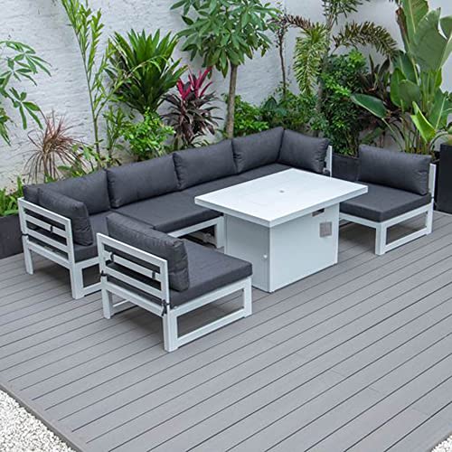 LeisureMod Chelsea 7-Piece Outdoor Patio Conversation Set with Fire Pit Table Black