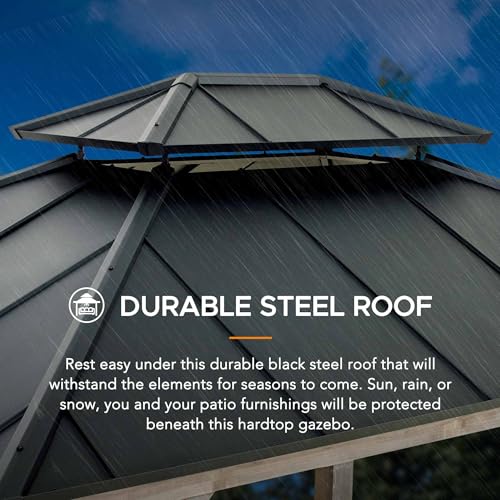 Sunjoy 10x12 ft. Wood Gazebo Outdoor Patio Cedar Framed Steel Hardtop Black + Gray Wood