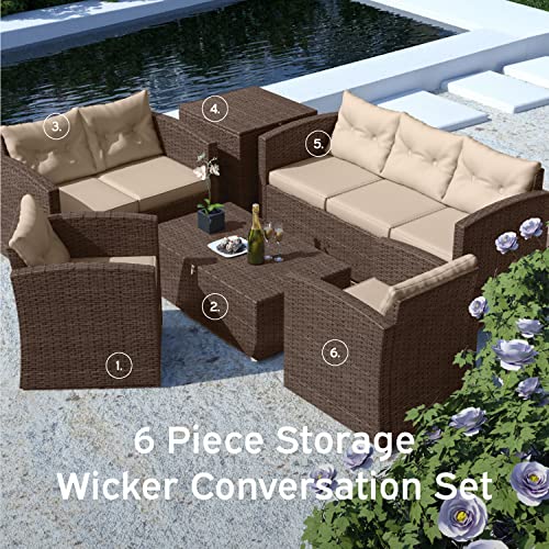 Nestl 6-Piece Patio Furniture Set with Storage Box, Brown Wicker/Beige Cushions