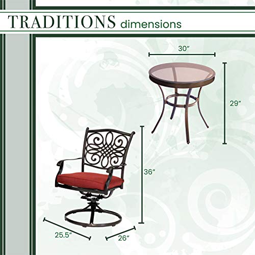 Hanover Traditions 3-Piece Patio Bistro Set with 2 Swivel Rockers and Glass-Top Table Red