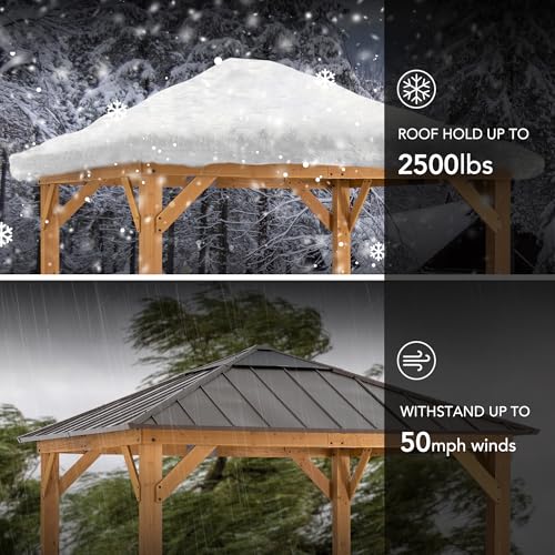 Sunjoy Hardtop Gazebo 11 x 11 ft Cedar Frame Brown Steel Polycarbonate Roof Brown + Natural Wood
