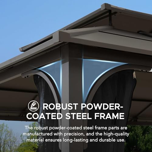 Sunjoy Hardtop Gazebo 12x16 ft Outdoor Heavy Duty Steel Frame Double Tiered with Ceiling Hook and Removable Netting Brown