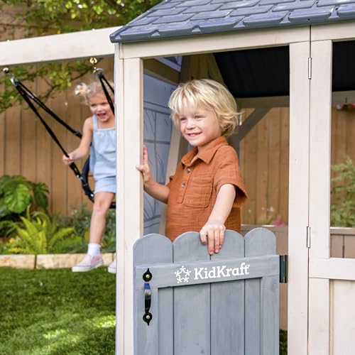KidKraft Savannah Swing Wooden Outdoor Playhouse with Web Swing and Play Kitchen White/Gray