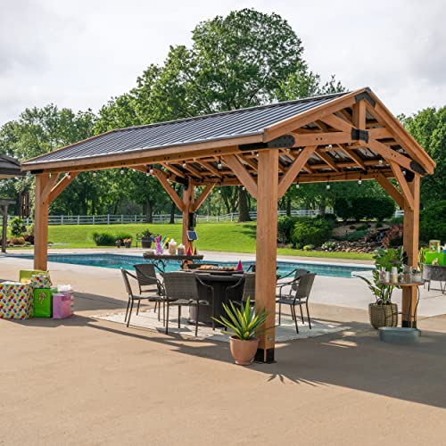 Backyard Discovery Norwood 16 ft. x 12 ft. Cedar Wood Gazebo Pavilion with Steel Roof Light Brown