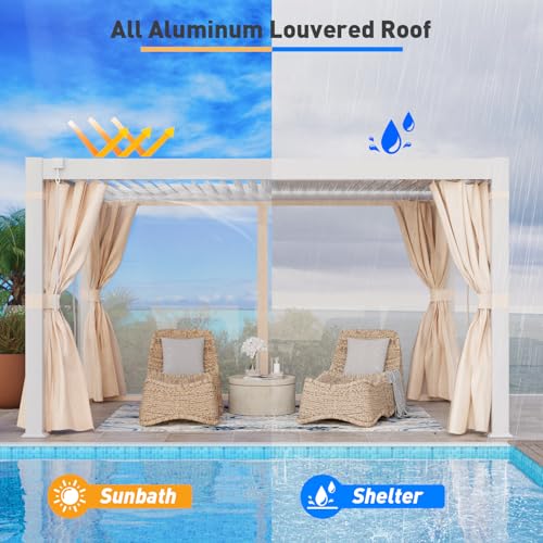 COSIEST 10'×13' Louvered Aluminum Pergola with Adjustable Roof & Curtains White