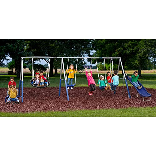 XDP RECREATION Metal A-Frame Kids Swing Set 10-Child Capacity with Slide & 5 Swing Types Silver/Blue