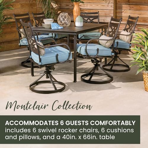 Hanover Montclair 7-Piece Outdoor Dining Set with 6 Swivel Rockers and Blue Cushions