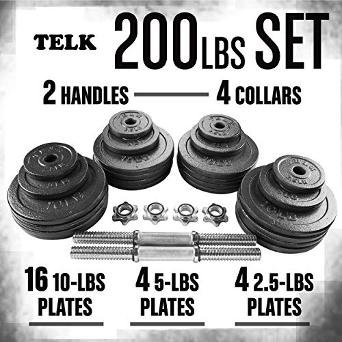 TELK Adjustable Dumbbells 200 LBS Pair Gloss Finish Secure Collars Black 200lb