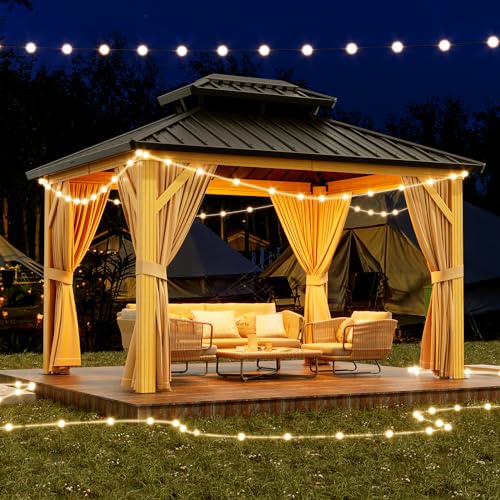 GarveeLife 10x12ft Double Roof Hardtop Gazebo with Netting and Curtains Wood Grain