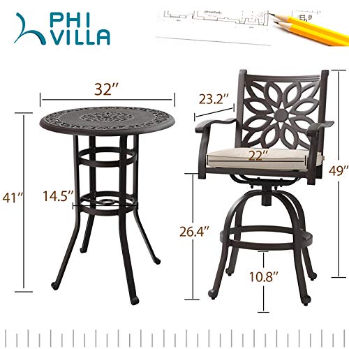 PHI VILLA Patio Furniture Set 3Pcs Cast Aluminum High Top Table & Swivel Bar Stools with Cushion Rero Brown-set