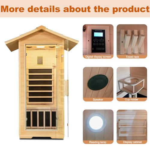 Zugoni 1 Person Outdoor Far Infrared Sauna Canadian Hemlock Wood Indoor Sauna 1400W with Speakers, LED Lamp, Clothing Hook, Cup Holder - Sauna Style