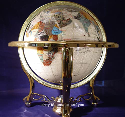Unique Art Since 1996 Pearl Swirl Gemstone World Globe with Gold Stand Pearl White