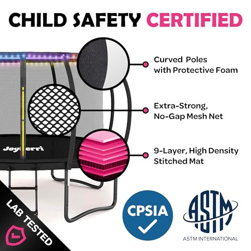 JOYBERRI Trampoline with Net Black - 8Ft to 14Ft, Bonus Sprinkler & LED Lights, ASTM Certified