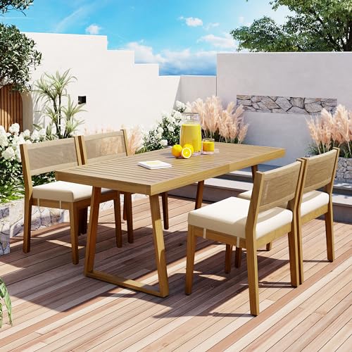 Merax Wood Outdoor Dining Table Set for 4 with Beige Cushions