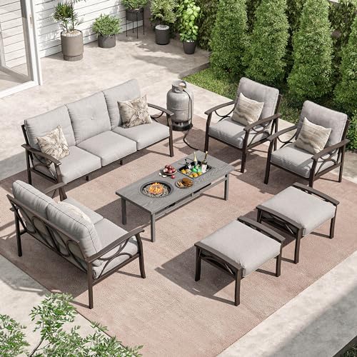 RoyalCraft 7-Piece Outdoor Patio Furniture Set with Fire Table and Ottomans Grey