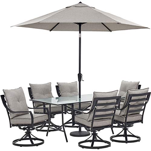 Hanover Lavallette 7-Piece Modern Outdoor Dining Set with Umbrella, 2 Swivel Rockers & 4 Chairs, Silver