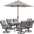 Hanover Lavallette 7-Piece Modern Outdoor Dining Set with Umbrella, 2 Swivel Rockers & 4 Chairs, Silver
