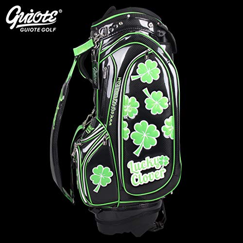 Guiote Golf Stand Bag Pu Leather Golf Carry Bag Embroidery Series 8-Ways 9.0" Black Lucky Clover